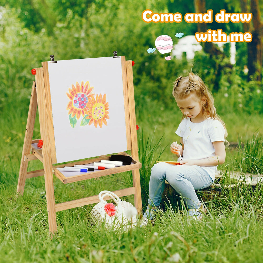 Kids art easel with paper roll, double-sided chalkboard and whiteboard, perfect for creative activities and motor skill.