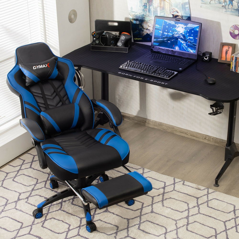 Adjustable gaming chair in blue with footrest, ergonomic design, and sturdy structure for home office use.
