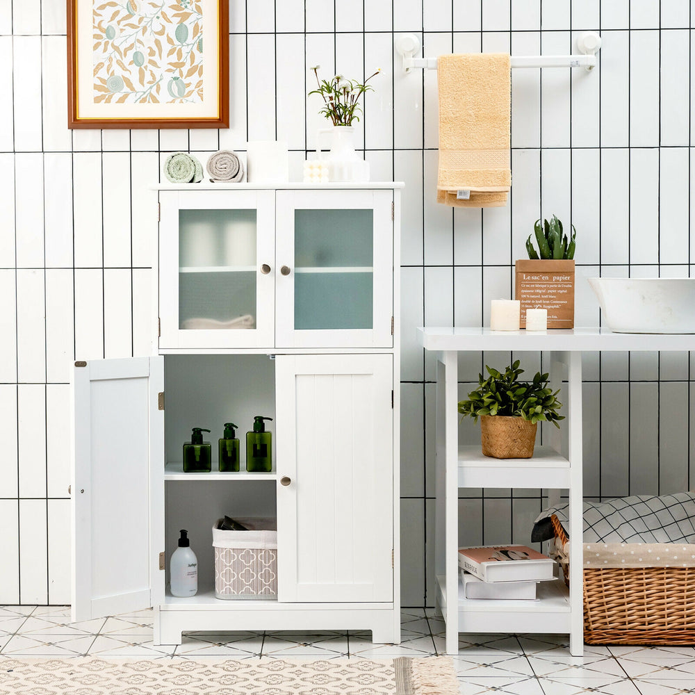White bathroom floor storage locker with tempered glass doors and adjustable shelf for organized storage.