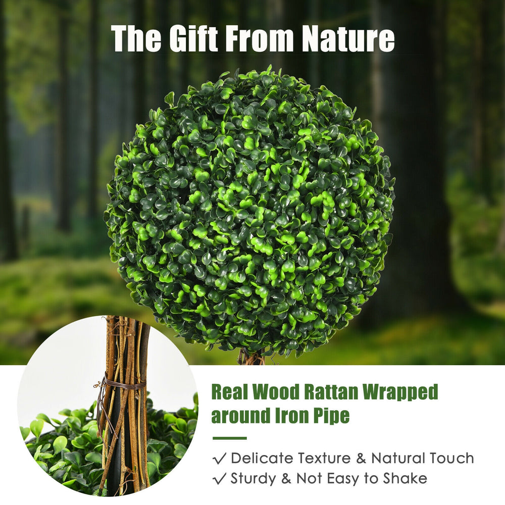36-inch artificial topiary triple ball tree with vibrant green PE leaves and real wood rattan for indoor and outdoor.