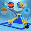 Colorful 6-in-1 inflatable water slide jumping house with climbing area, water sprinkle, and mesh walls for kids' fun.