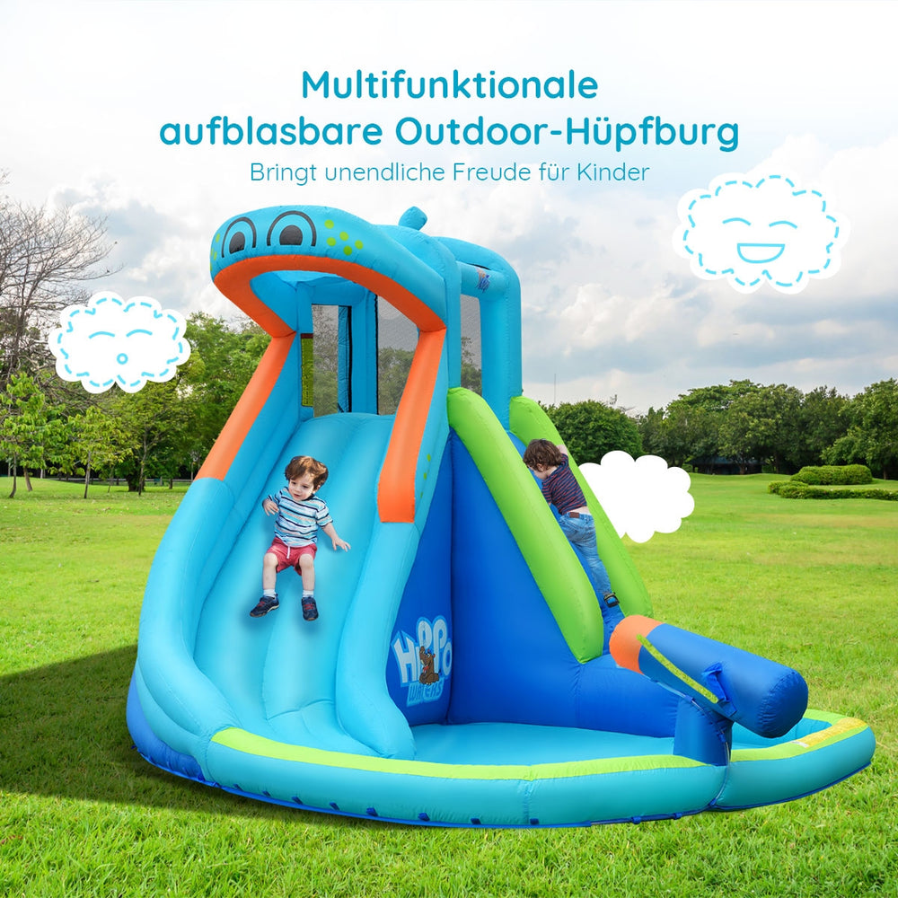 Bunte aufblasbare Hüpfburg mit Rutsche und Spritzwasser für Kinder, ideal für Sommerabenteuer im Freien.