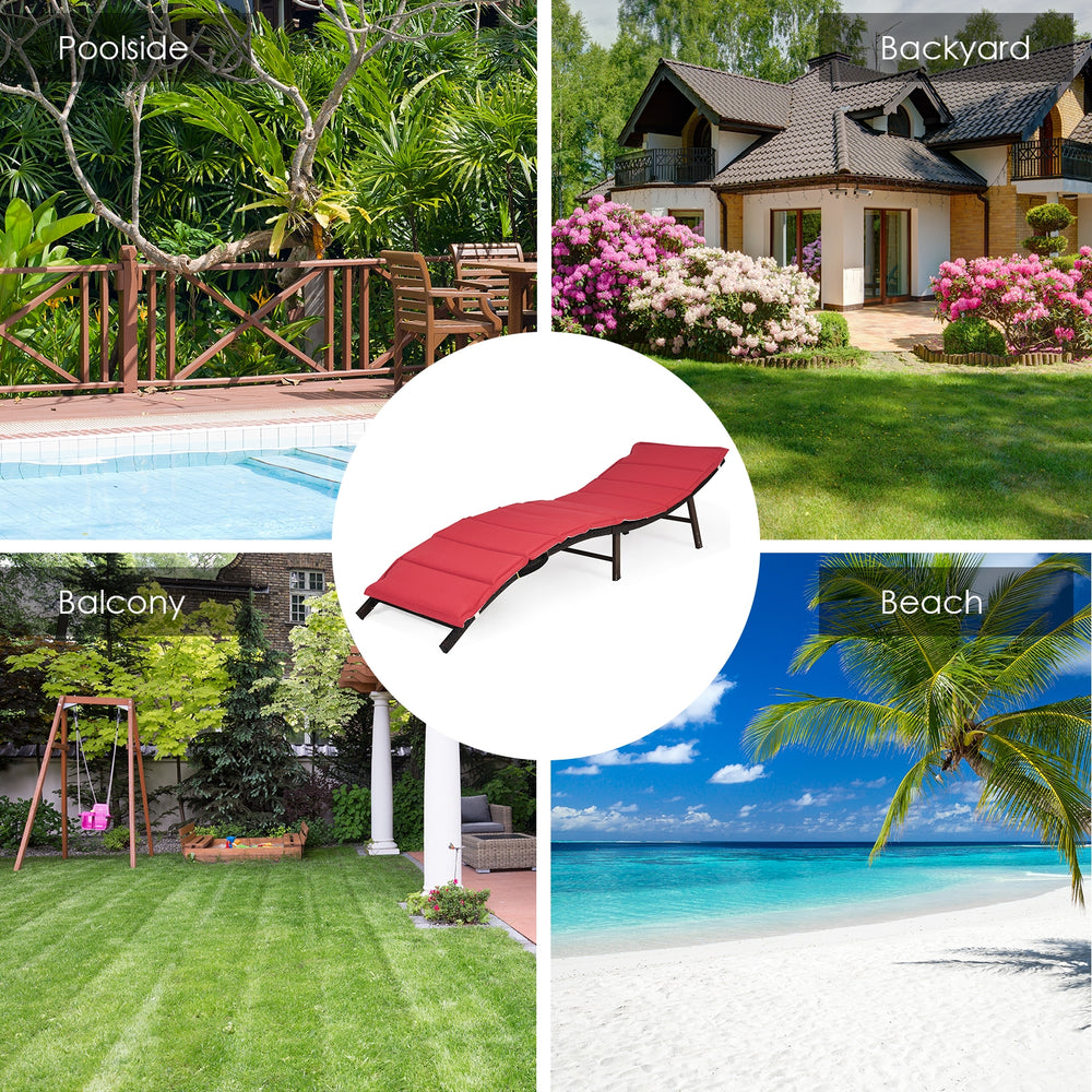 Red folding patio lounger chair with premium wicker and steel frame, perfect for poolside, beach, or garden relaxation.