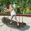 Kids enjoy the Saucer Tree Swing Surf, a durable outdoor swing with adjustable height and foam handles for safety.