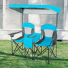 Portable folding camping canopy chairs in blue with cup holder and adjustable canopy, perfect for outdoor relaxation.