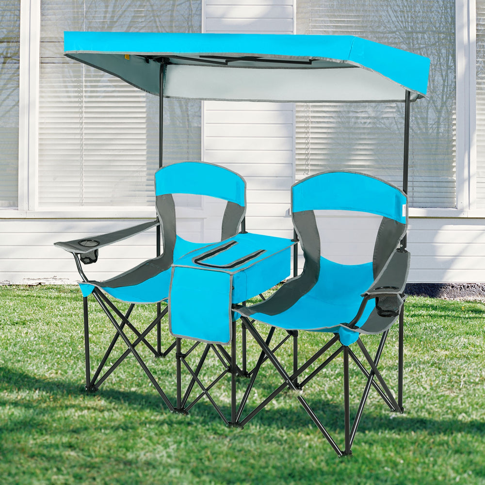 Portable folding camping canopy chairs in blue with cup holder and adjustable canopy, perfect for outdoor relaxation.