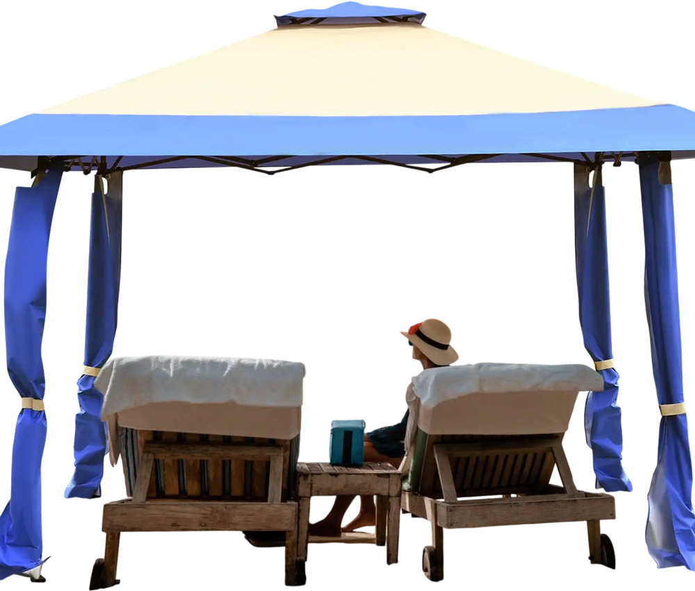 Pop-up canopy tent in blue, 13' x 13', with adjustable heights, ideal for outdoor gatherings and protection from sun.