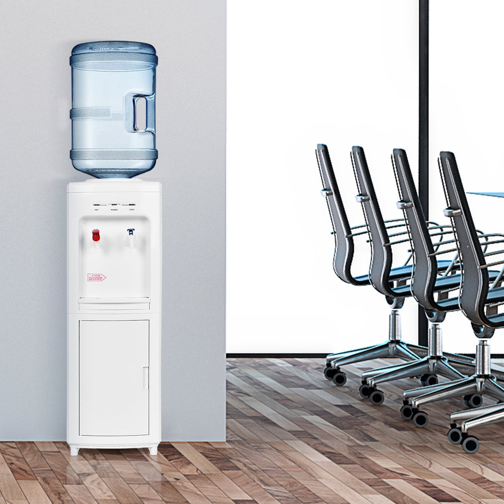 5-gallon hot and cold water cooler dispenser with child safety lock, ideal for office and public spaces.