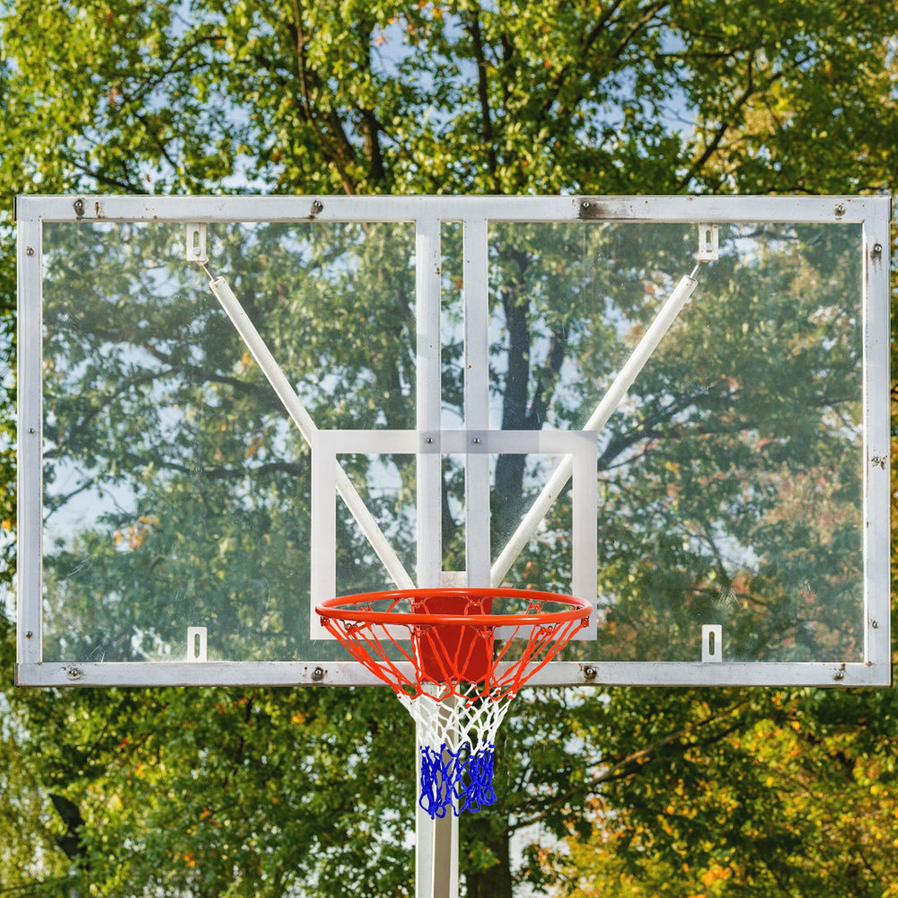 18-inch red basketball rim with all-weather net, designed for durability and compatible with standard backboards.