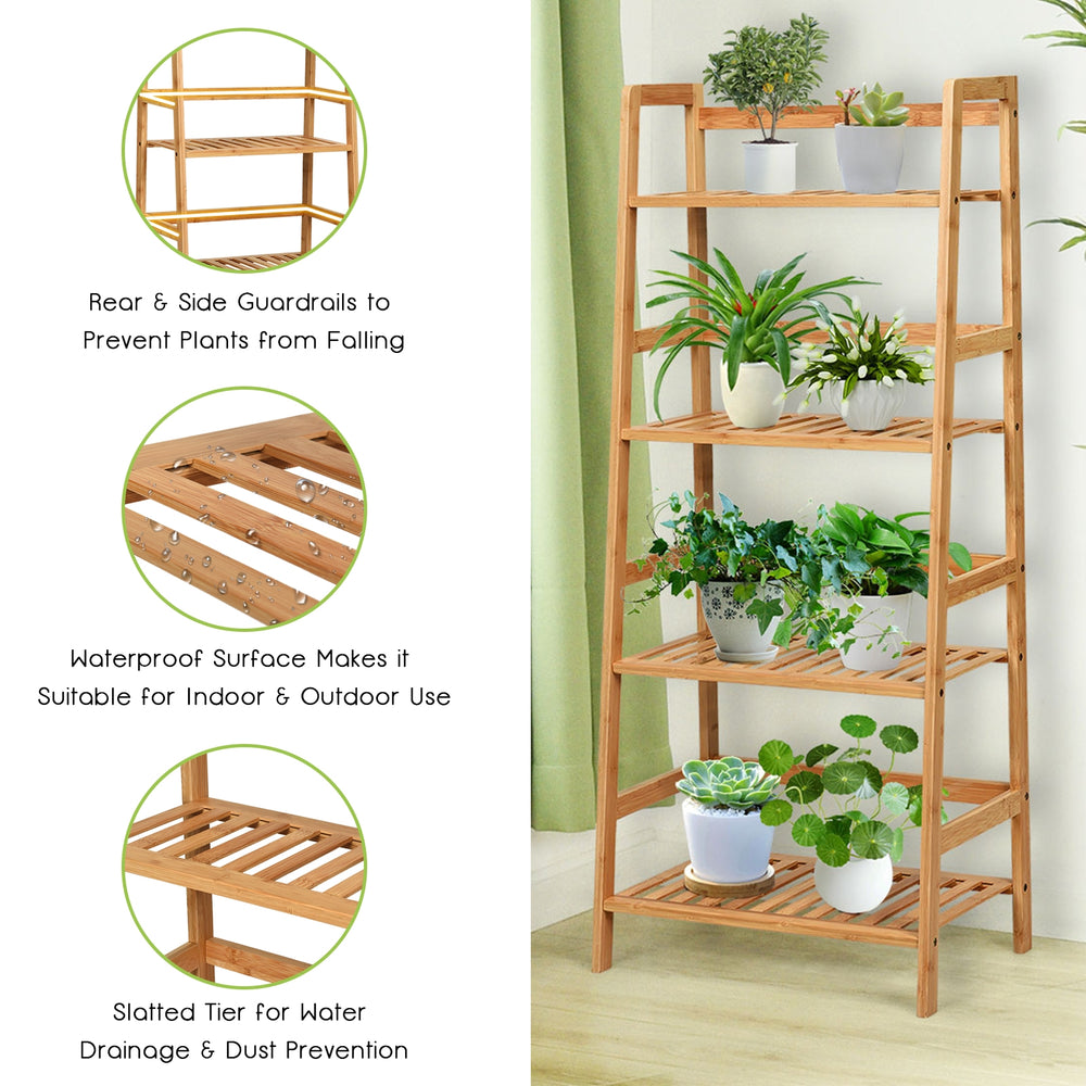 4-tier bamboo plant rack with guardrails, stable design, waterproof surface, ideal for indoor and outdoor use.
