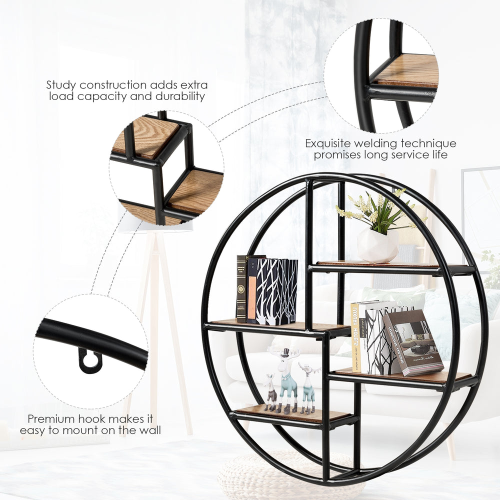 Circular wall-mounted 4-tier rack with metal frame and wood shelves, ideal for displaying decor in modern interiors.