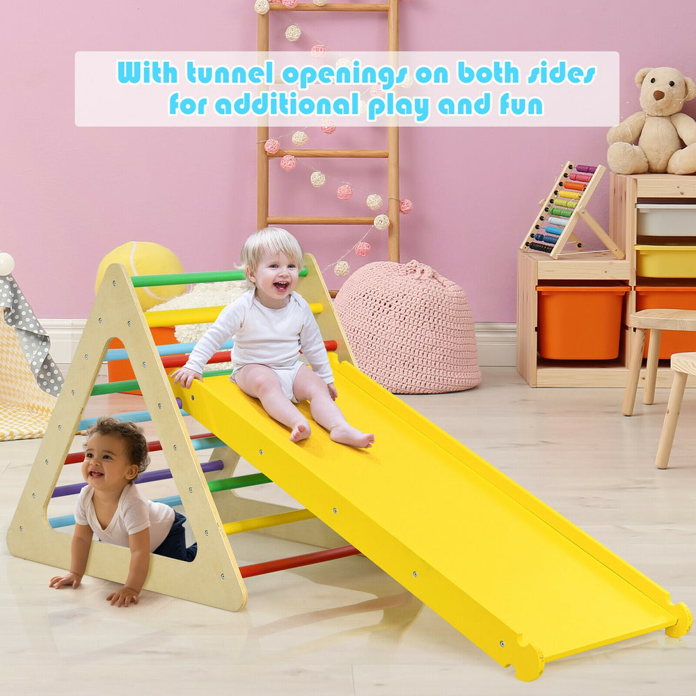 Kids triangle climber play gym set with yellow slide and tunnel openings for fun and motor skill development.