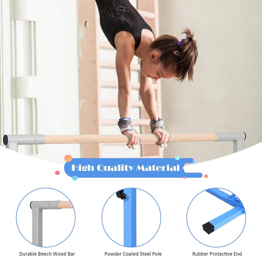 Adjustable blue gymnastics horizontal bar with durable beech wood and powder-coated steel, perfect for kids' training.