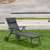 Gray aluminum patio lounge chair with wheels, foldable design, and high backrest with neck pillow for easy outdoor.