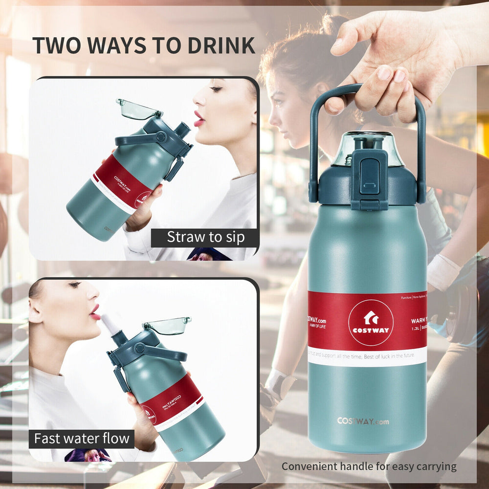 44oz gray stainless steel sports water bottle with flip top lid and removable straw, ideal for outdoor activities.