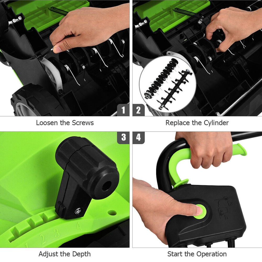 Adjusting the depth lever on the 13 Inch 12 Amp Electric Scarifier with collection bag for efficient lawn care.