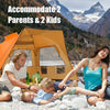 Family enjoying time in a 3-4 person pop-up beach tent, featuring UPF 50+ protection and spacious front porch for.