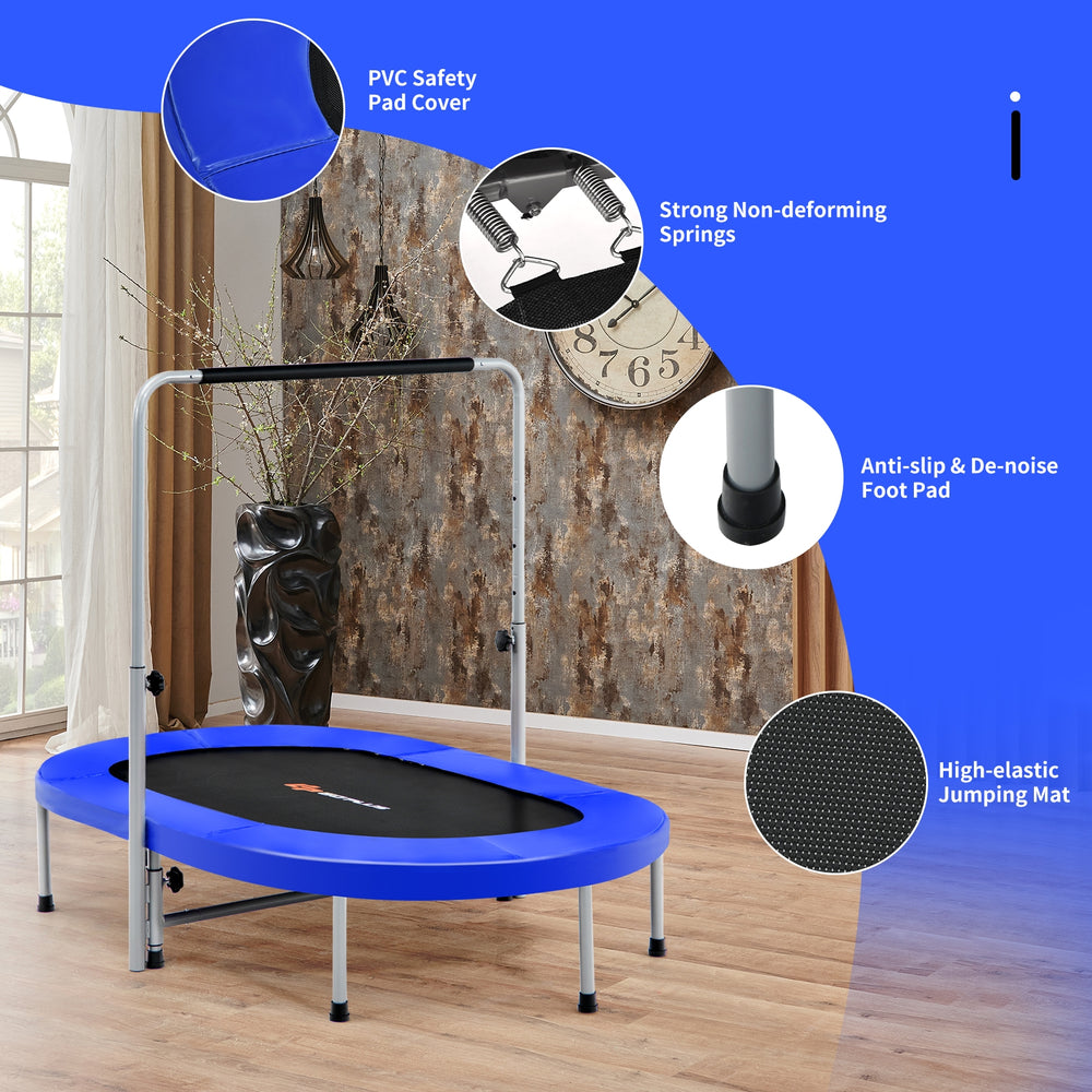 Blue 2-person foldable mini trampoline with adjustable height, sturdy springs, and foam-padded handle for kids' fitness.