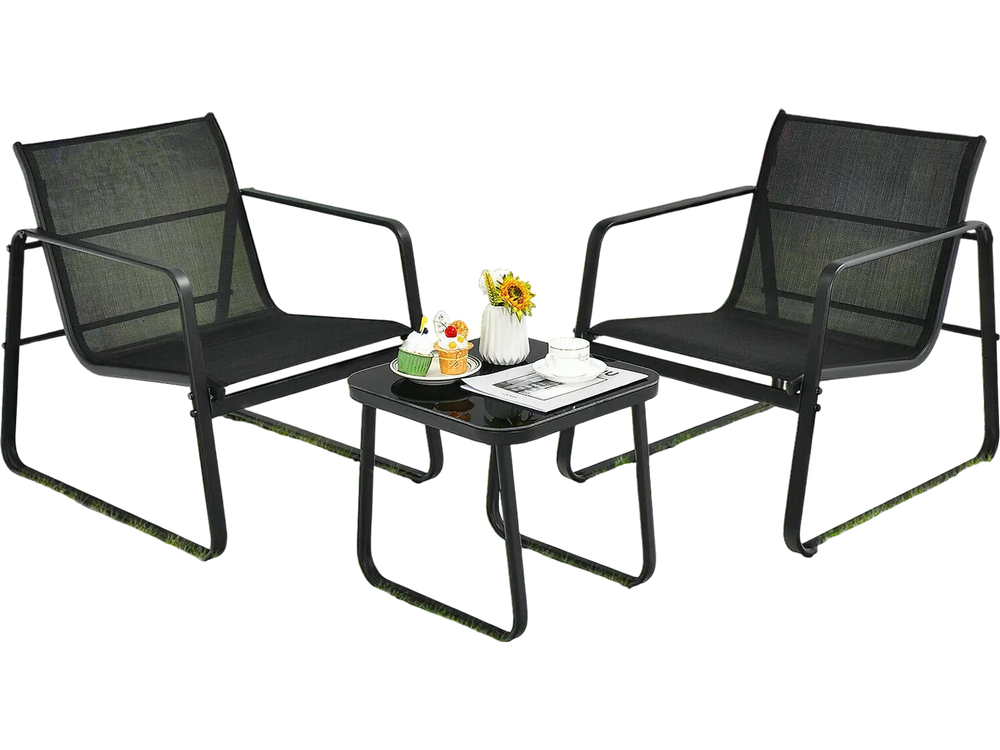 3-piece patio bistro set featuring black ergonomic chairs and a glass top table, perfect for garden relaxation.