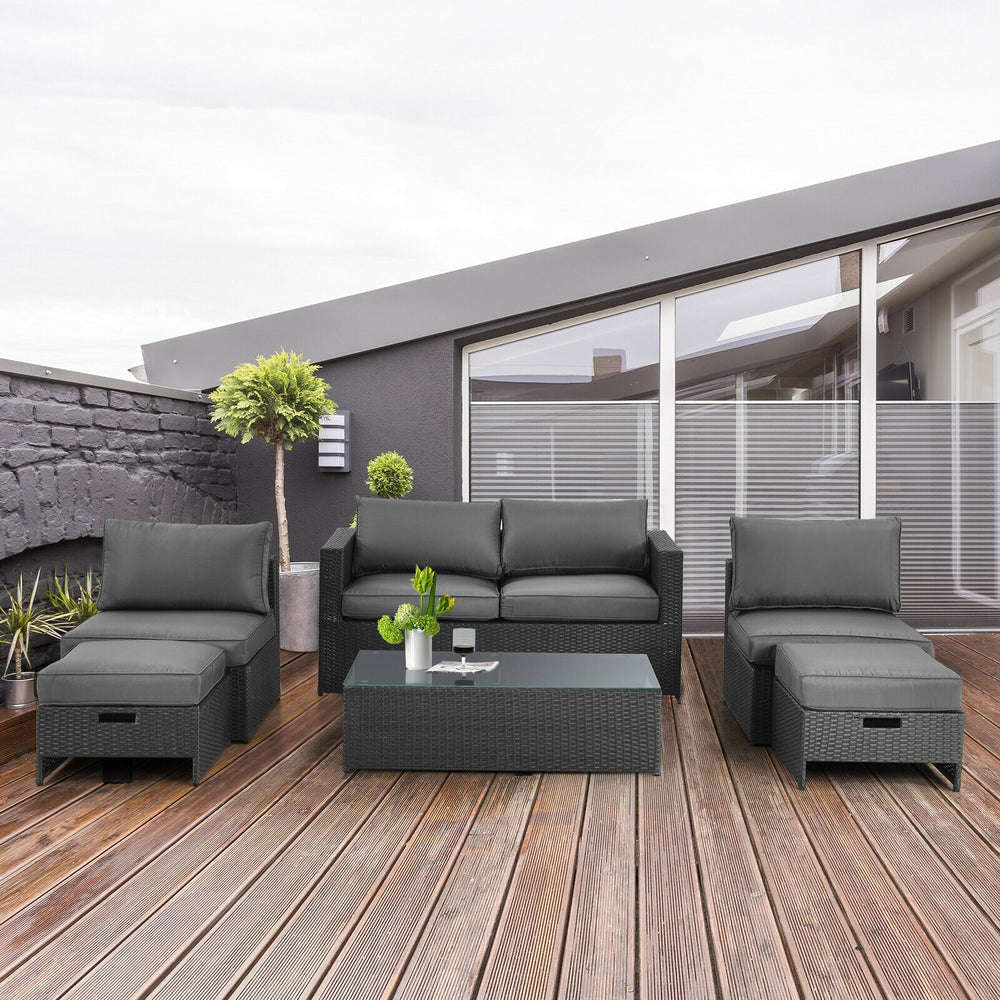 Armless sofa from the 6-piece gray patio rattan furniture set with cushioned seat, perfect for outdoor lounging.