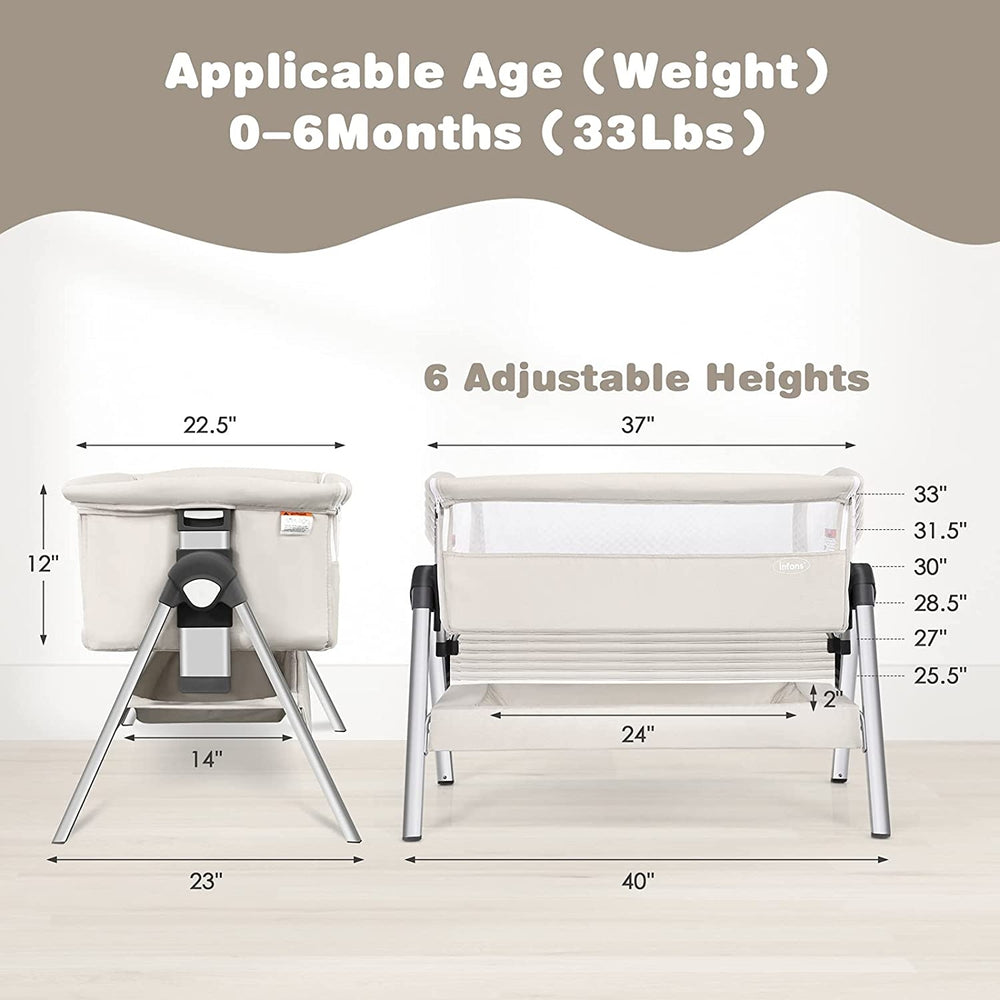 Portable baby bedside sleeper with adjustable heights, aluminum tubes, and linen fabric for safe, comfortable sleep.