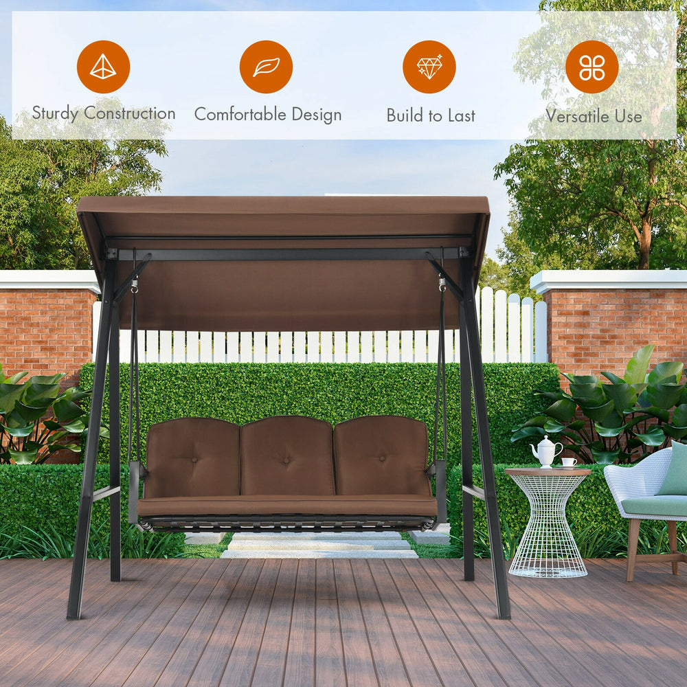 Outdoor 3-seat porch swing with adjustable canopy and removable cushions, perfect for backyard relaxation.