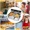 Dual tank electric countertop deep fryer with stainless steel construction, suitable for restaurants and canteens.