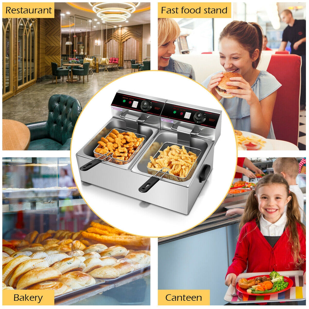 Dual tank electric countertop deep fryer with stainless steel construction, suitable for restaurants and canteens.