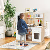 Wooden kids pretend kitchen playset with utensils, realistic lights, and sounds for imaginative cooking fun.