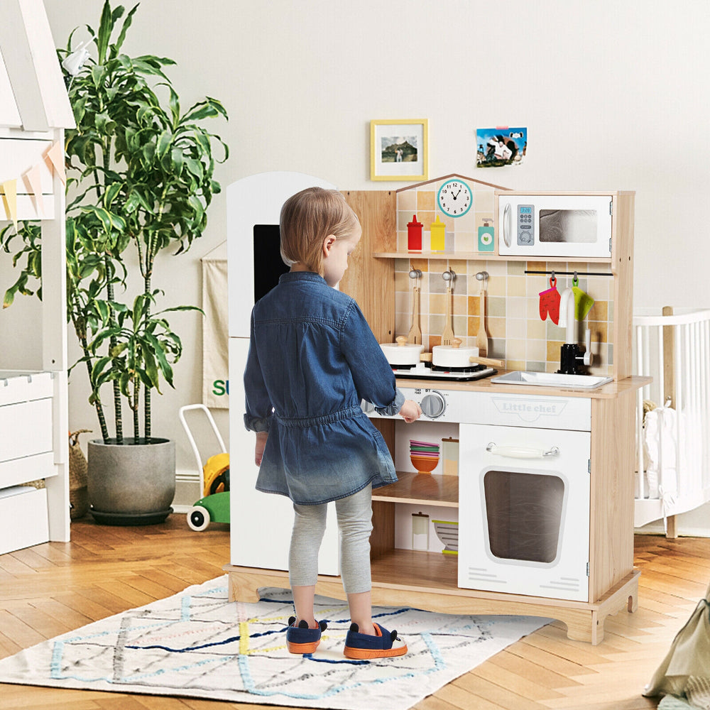 Wooden kids pretend kitchen playset with utensils, realistic lights, and sounds for imaginative cooking fun.