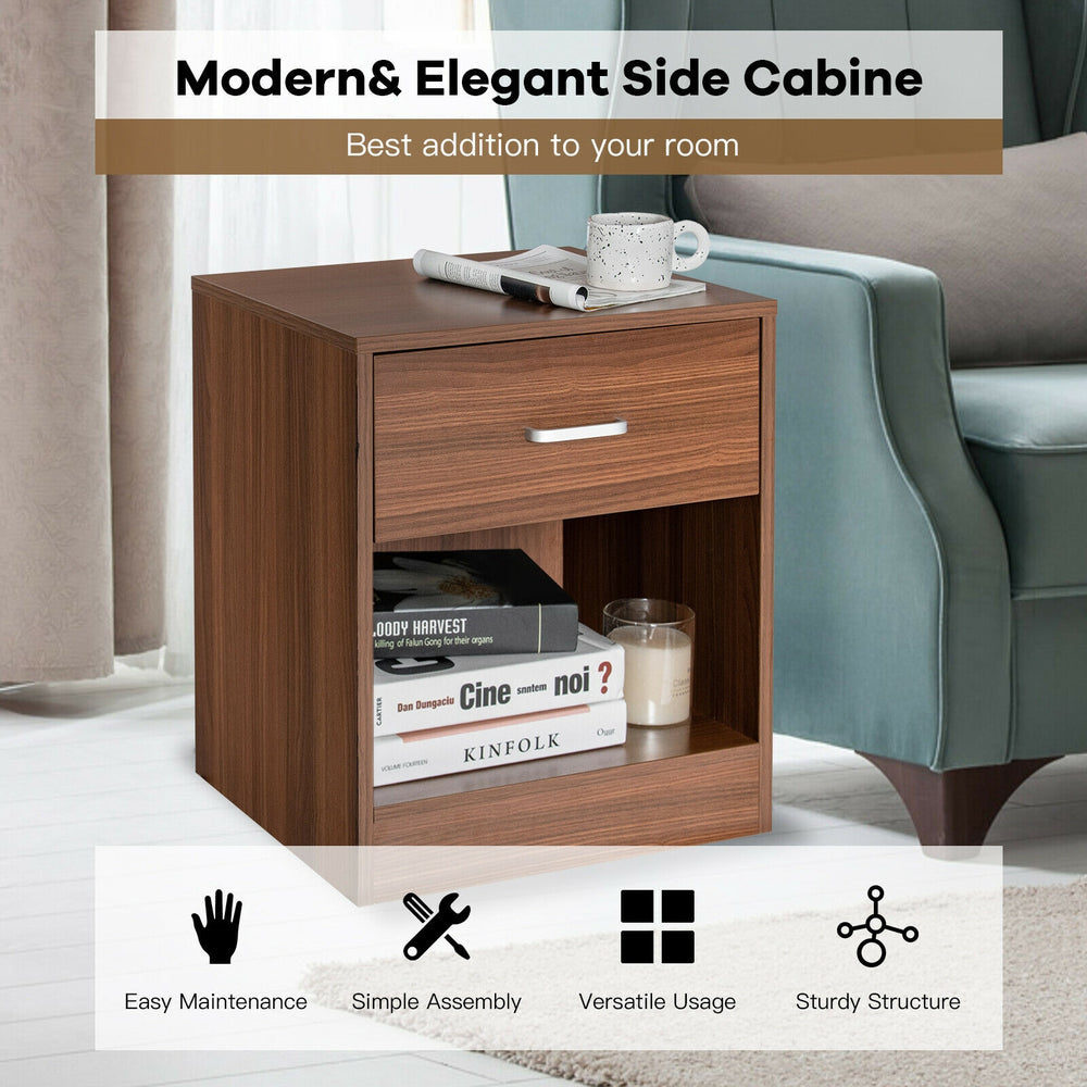 Brown nightstand with storage drawer and open compartment, perfect for bedside or living room use, featuring sturdy.
