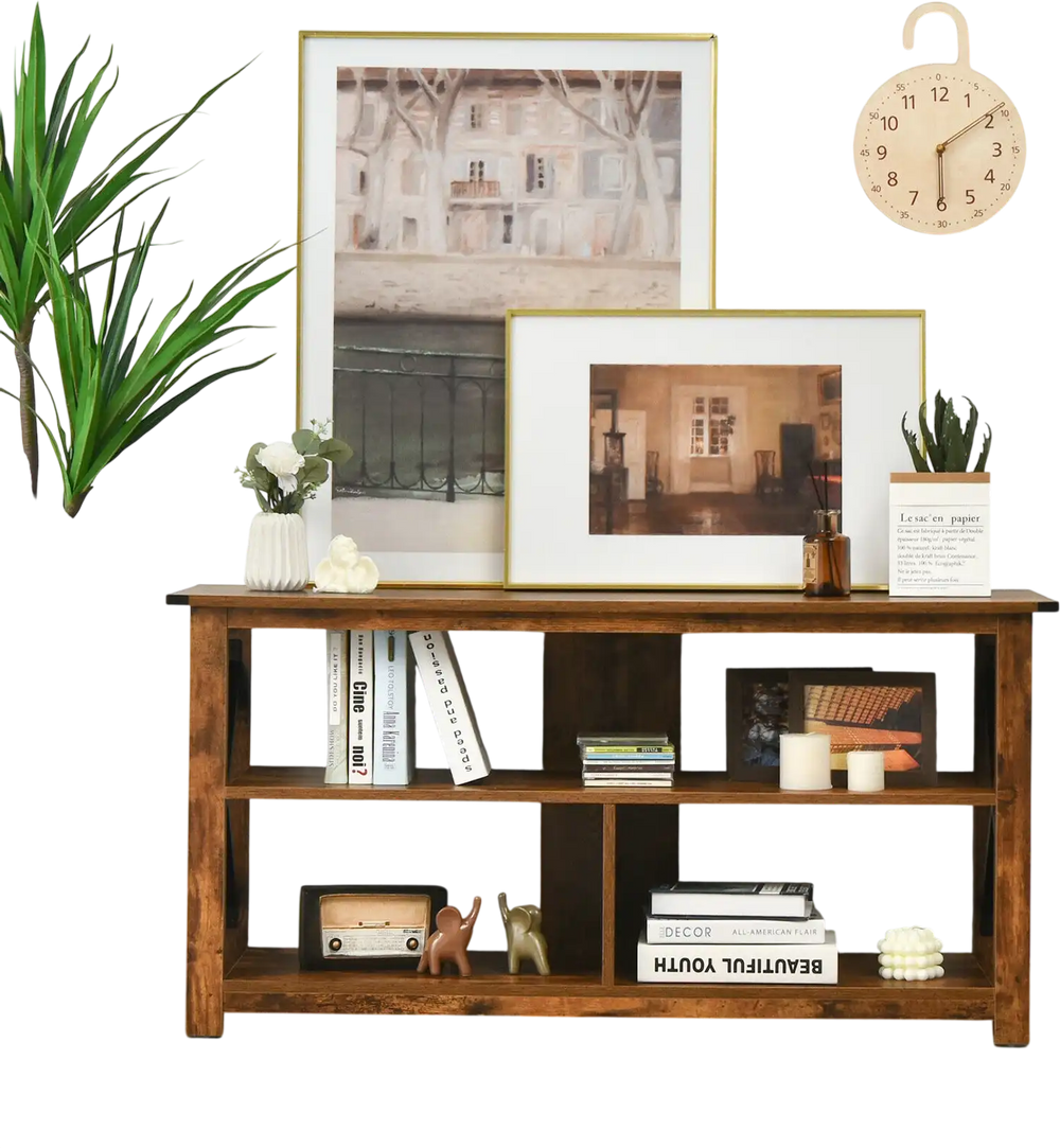 3 Tier wood TV stand in brown with open shelves and X-shaped frame, perfect for living room or bedroom storage.