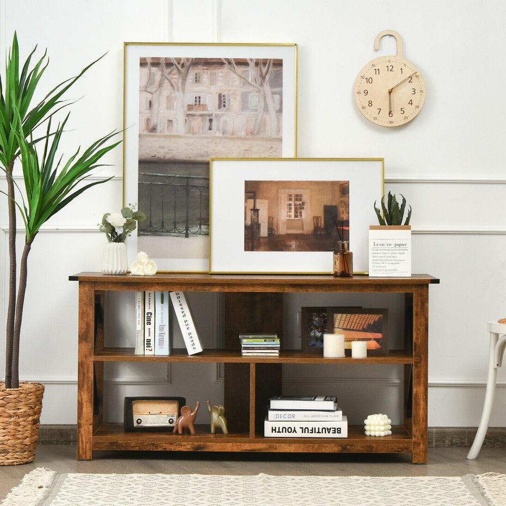 3 Tier Wood TV Stand for 55-Inch with Open Shelves and X-Shaped Frame-Brown - Gallery View 1 of 12
