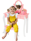 Kids vanity dressing table set in pink with a 360-degree mirror, matching stool, and three storage drawers for playtime.