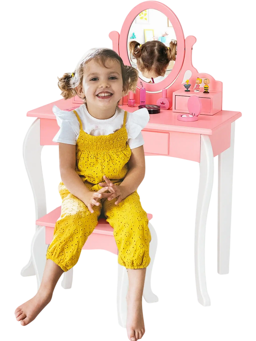 Kids vanity dressing table set in pink with a 360-degree mirror, matching stool, and three storage drawers for playtime.