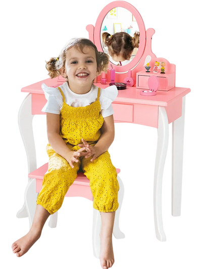 Costway Kids Princess Vanity Makeup Dressing Table Stool Mirror Drawer Pink 81926705 New
