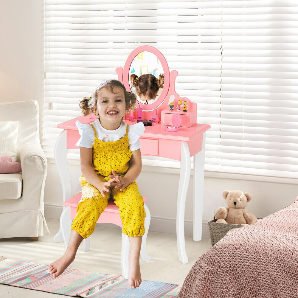 Kids Vanity Princess Makeup Dressing Table Stool Set with Mirror and Drawer-Pink - Gallery View 1 of 10