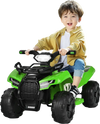 Kids riding the green 6V ATV quad electric car with LED light, designed for safe outdoor fun and realistic role play.