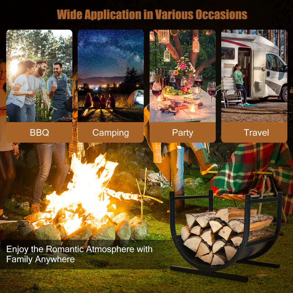 U-shaped 17-inch firewood rack made of heavy-duty steel, perfect for indoor and outdoor wood storage and display.