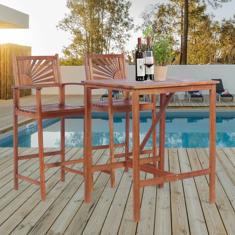 Bar stools from the acacia wood patio bar set featuring a sunflower patterned backrest, designed for comfort and style.