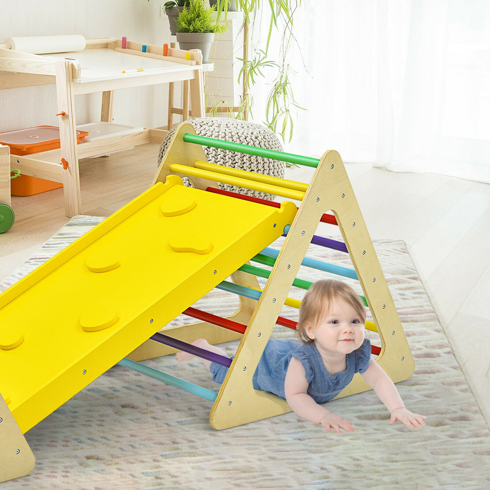 Triangle climber set with yellow ramp, designed for kids to enhance motor skills and balance, suitable for indoor play.