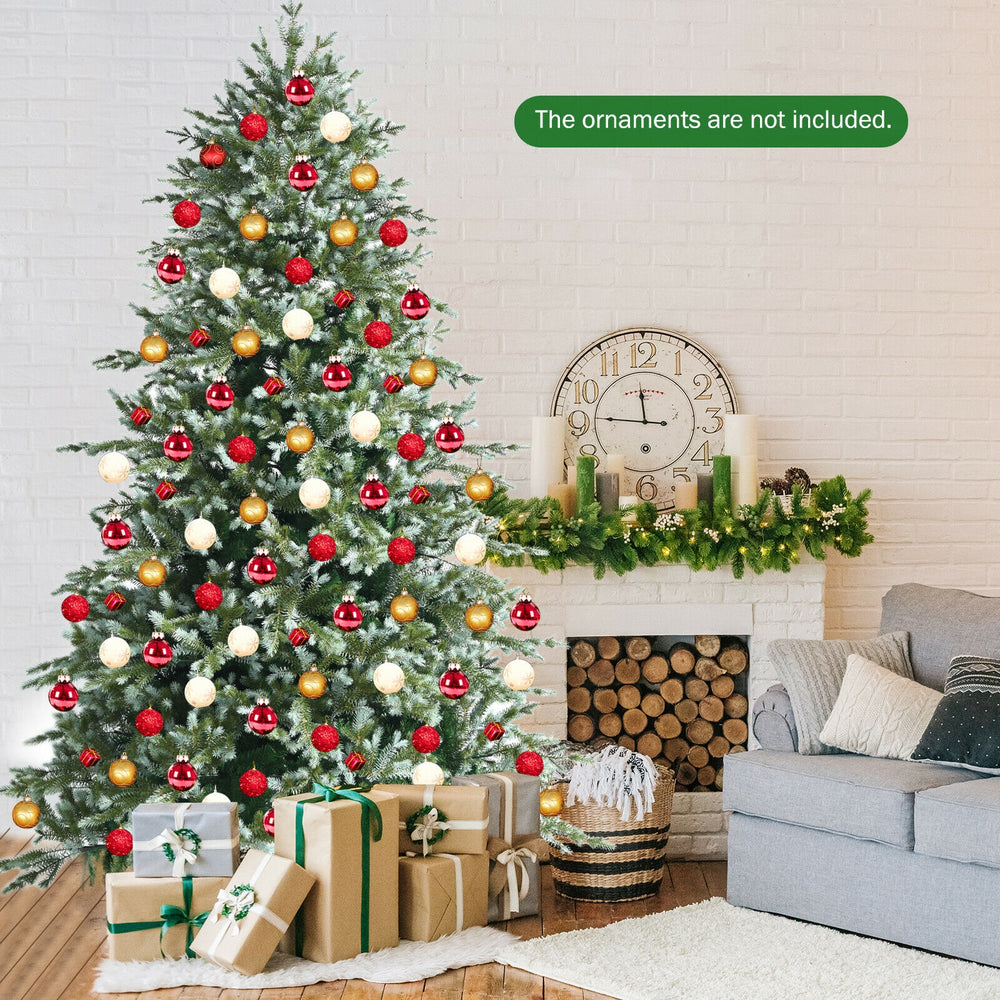 8 feet hinged artificial Christmas spruce tree with mixed PE and PVC tips, featuring a dense appearance and sturdy.