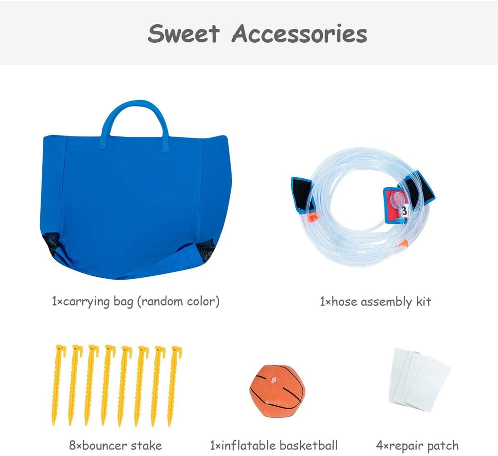 Carrying bag, hose assembly kit, bouncer stakes, inflatable basketball, and repair patches for the inflatable water.
