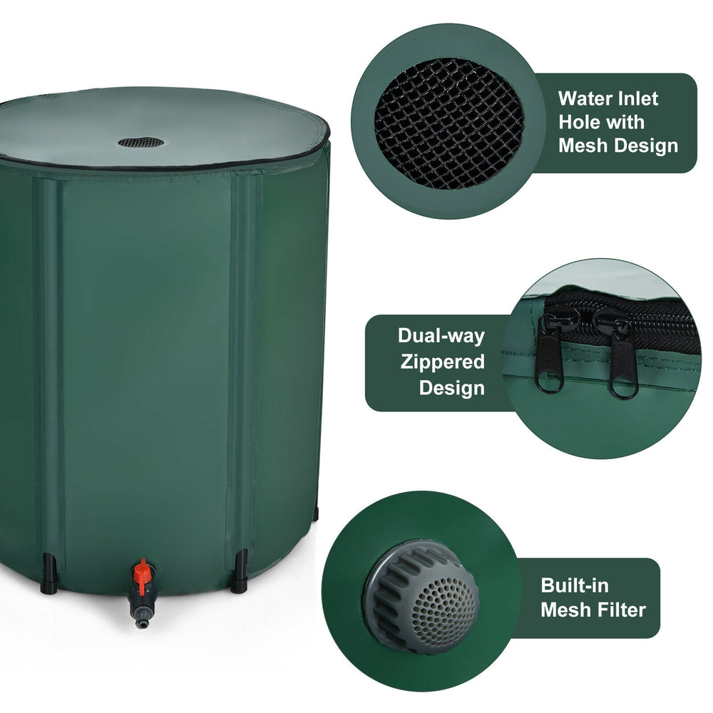 Portable 53-gallon collapsible rain barrel with dual-way zippered design and built-in mesh filter for garden use.