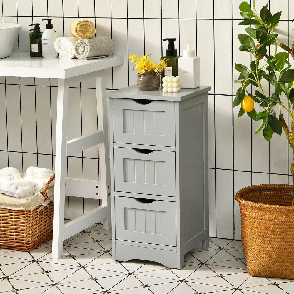 Freestanding gray bathroom storage organizer with 3 drawers, compact design for small spaces, ideal for essentials.