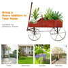 Wooden wagon plant bed in red with wheels, featuring two planting sections for garden or patio use.