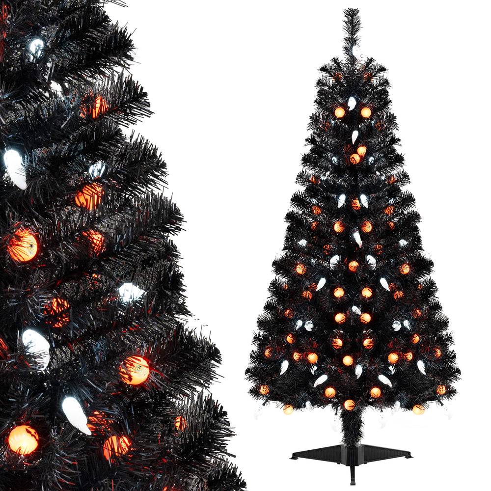 Black 4.5 feet artificial Halloween tree with 65 ghost and pumpkin lights, featuring 6 lighting modes for festive decor.