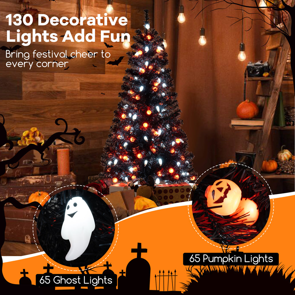 4.5 feet artificial Halloween tree with black leaves, 130 decorative lights, and 6 lighting modes for festive.