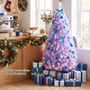 Light purple pre-lit Christmas tree with 140 warm white LED lights, ideal for festive holiday displays and cozy atmospheres.