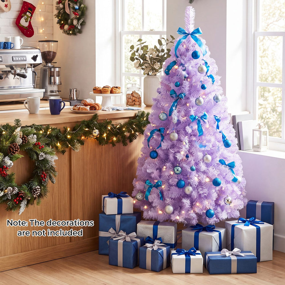 Light purple pre-lit Christmas tree with 140 warm white LED lights, ideal for festive holiday displays and cozy atmospheres.